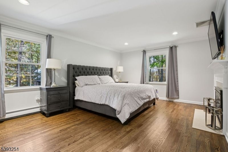 Bedroom, Fireplace, Interior, Recessed Lighting, Wood Texture Flooring