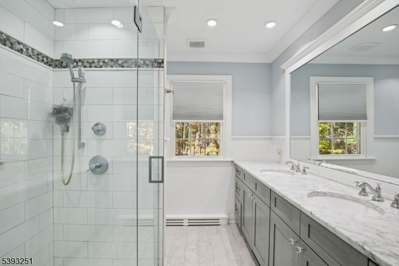 Bathroom, Glass Shower, Interior, Marble, Recessed Lighting