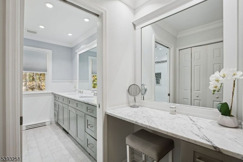 Bathroom, Dual Sink Vanities, Interior, Marble, Recessed Lighting