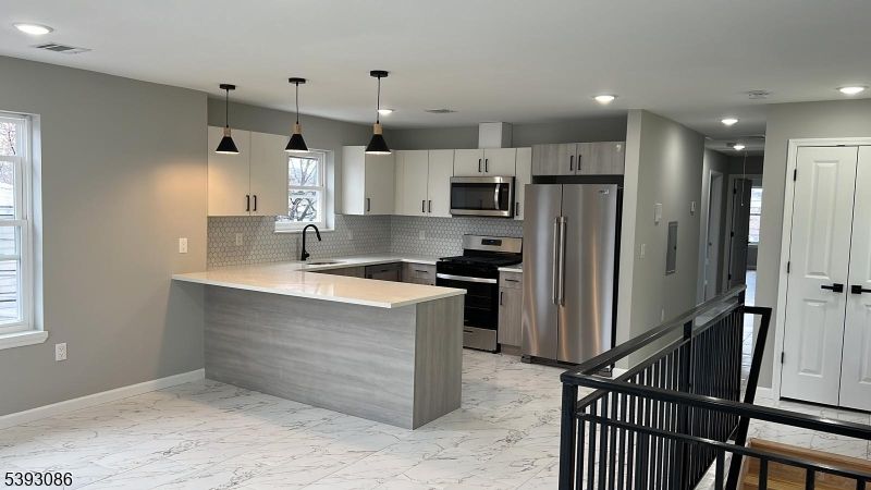 Interior, Kitchen, Marble, Pendant Lights, Recessed Lighting, Stainless Steel Appliances