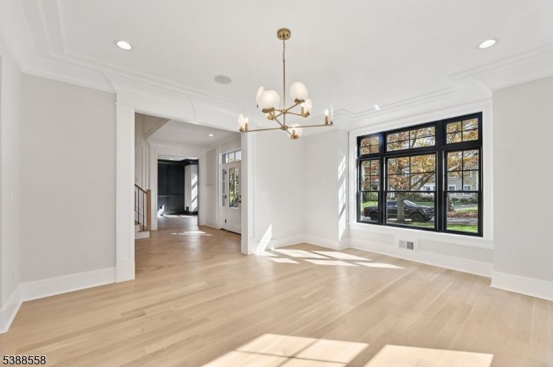 Chandelier, Empty room, Interior, Recessed Lighting, Wood Texture Flooring