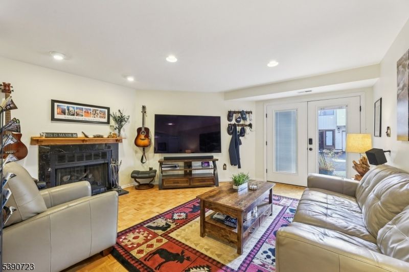 Fireplace, Interior, Living room, Recessed Lighting, Wood Texture Flooring