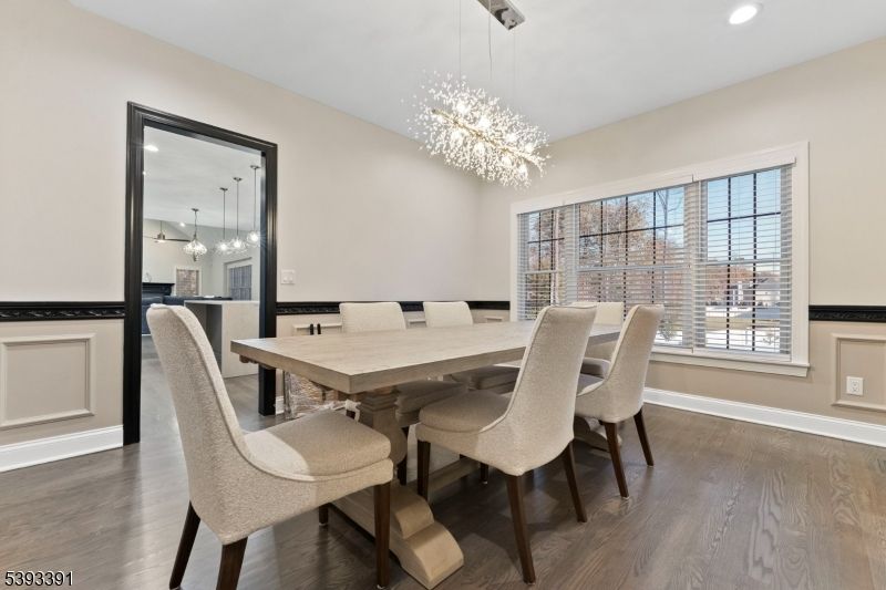 Chandelier, Dining room, Interior, Pendant Lights, Recessed Lighting, Wood Texture Flooring