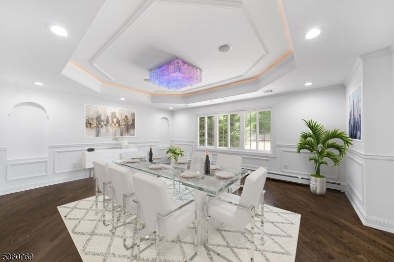 Dining room, Interior, Recessed Lighting, Wood Texture Flooring