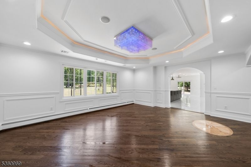 Chandelier, Empty room, Interior, Recessed Lighting, Wood Texture Flooring