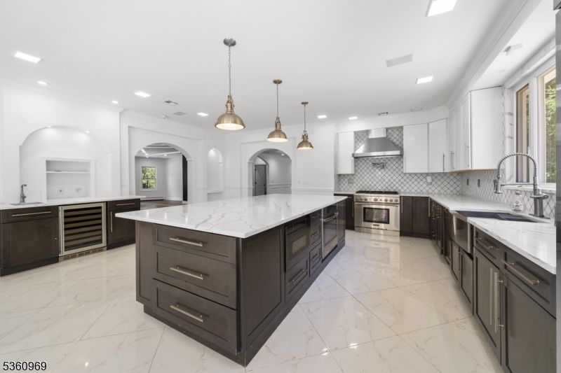 Interior, Kitchen, Marble, Pendant Lights, Recessed Lighting, Stainless Steel Appliances