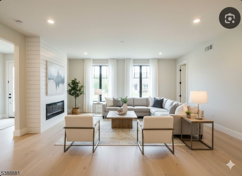 Fireplace, Interior, Living room, Recessed Lighting, Wood Texture Flooring