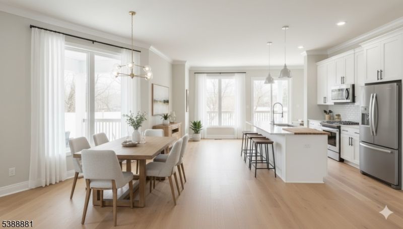 Dining room, Interior, Kitchen, Pendant Lights, Recessed Lighting, Stainless Steel Appliances, Wood Texture Flooring