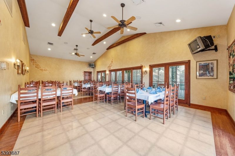 Dining room, Interior, Recessed Lighting, Wooden Beams, Wood Texture Flooring