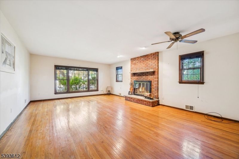 Empty room, Fireplace, Interior, Stone Walls, Wood Texture Flooring