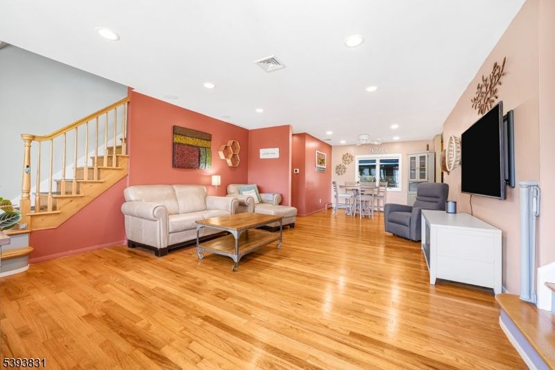 Dining room, Interior, Living room, Recessed Lighting, Wood Texture Flooring