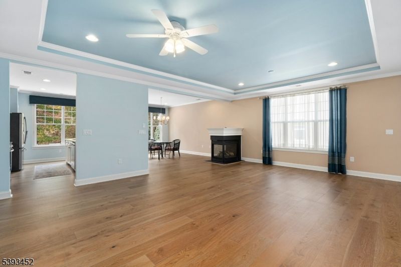 Chandelier, Dining room, Fireplace, Interior, Recessed Lighting, Wood Texture Flooring