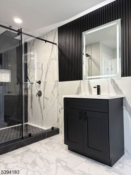 Bathroom, Glass Shower, Interior, Marble, Marble Walls, Recessed Lighting