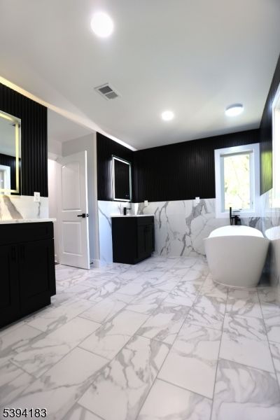 Bathroom, Free Standing Baths, Interior, Marble, Marble Walls, Recessed Lighting