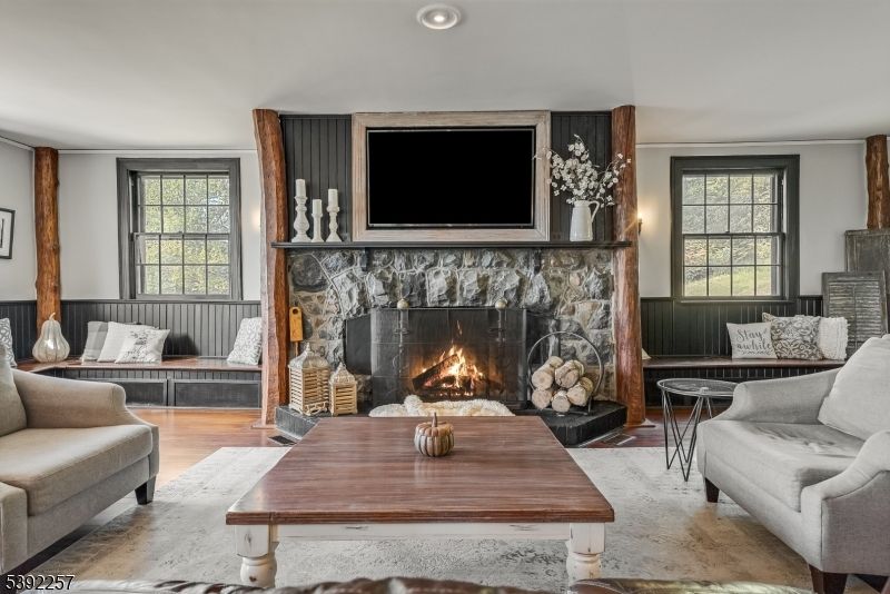 Fireplace, Interior, Living room, Recessed Lighting, Wood Texture Flooring