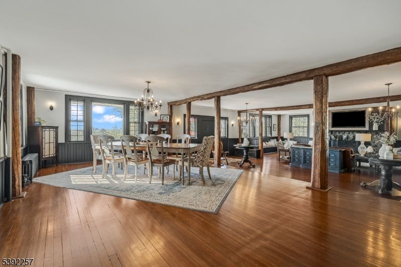 Chandelier, Dining room, Interior, Wooden Beams, Wood Texture Flooring