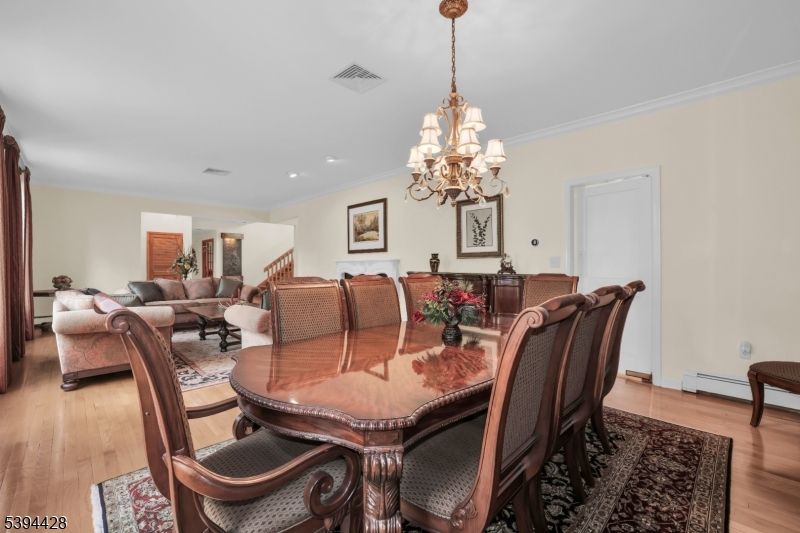 Chandelier, Dining room, Interior, Living room, Recessed Lighting, Wood Texture Flooring