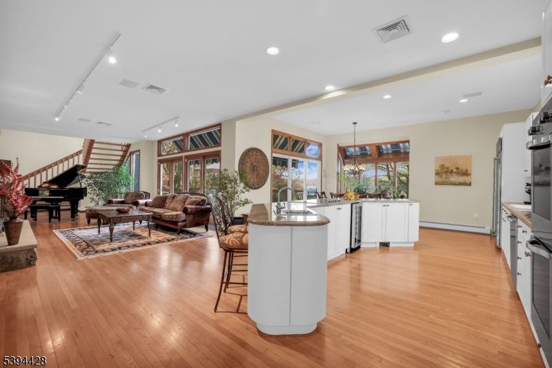 Interior, Kitchen, Living room, Pendant Lights, Piano, Recessed Lighting, Wood Texture Flooring