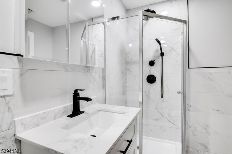 Bathroom, Glass Shower, Interior, Marble Walls, Recessed Lighting