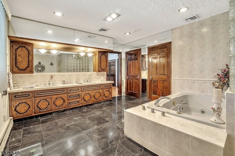 Bathroom, Dual Sink Vanities, Interior, Marble, Recessed Lighting