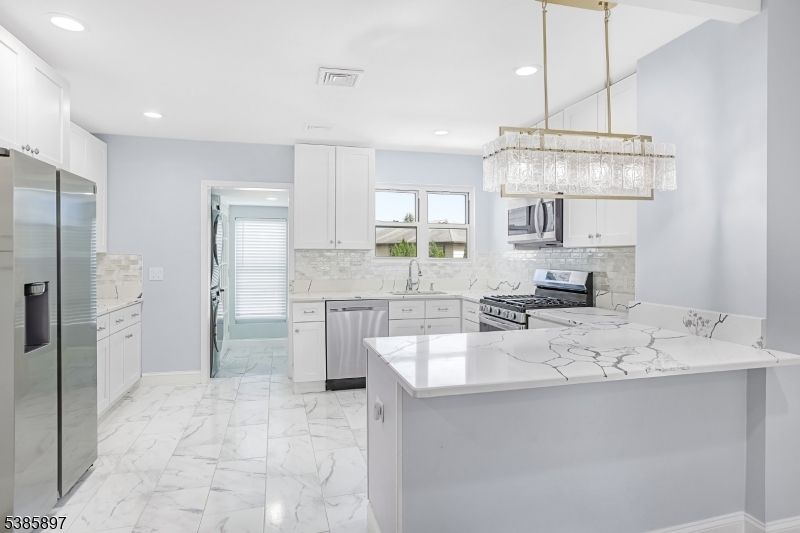 Interior, Kitchen, Marble, Pendant Lights, Recessed Lighting, Stainless Steel Appliances