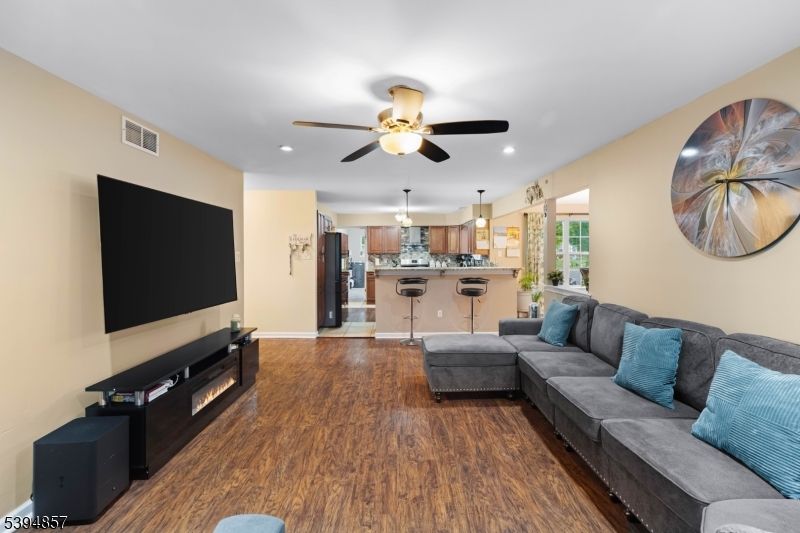 Fireplace, Interior, Kitchen, Living room, Pendant Lights, Recessed Lighting, Wood Texture Flooring