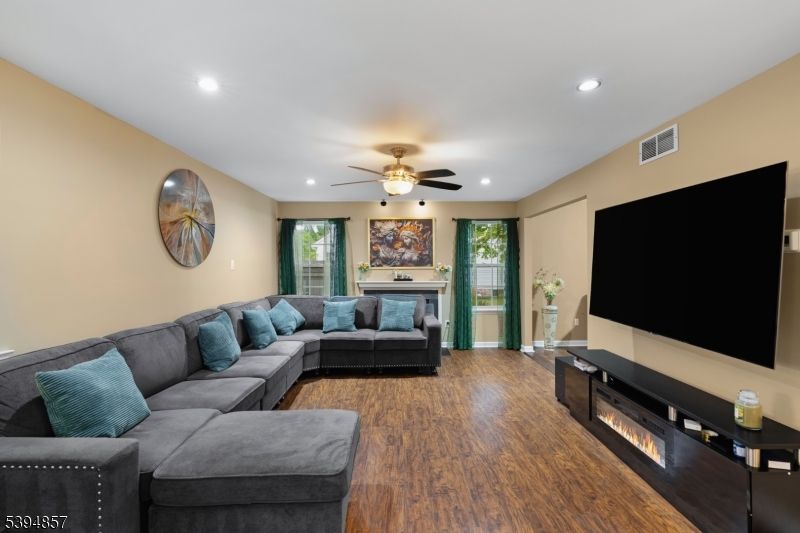 Fireplace, Interior, Living room, Recessed Lighting, Wood Texture Flooring