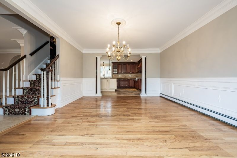 Chandelier, Empty room, Interior, Kitchen, Wood Texture Flooring