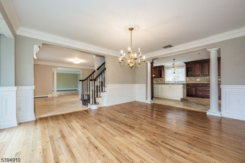 Chandelier, Empty room, Interior, Kitchen, Pendant Lights, Wood Texture Flooring
