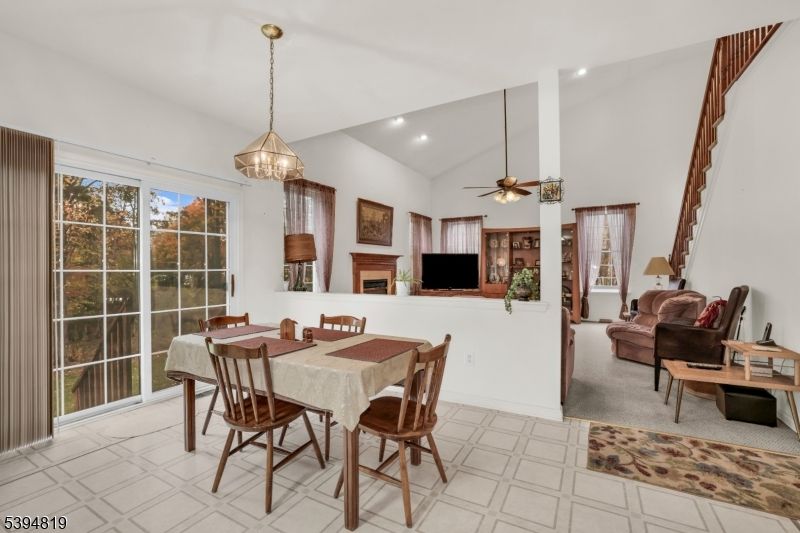 Dining room, Fireplace, Interior, Living room, Pendant Lights, Recessed Lighting
