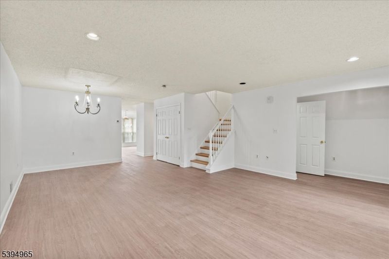 Chandelier, Empty room, Interior, Recessed Lighting, Wood Texture Flooring