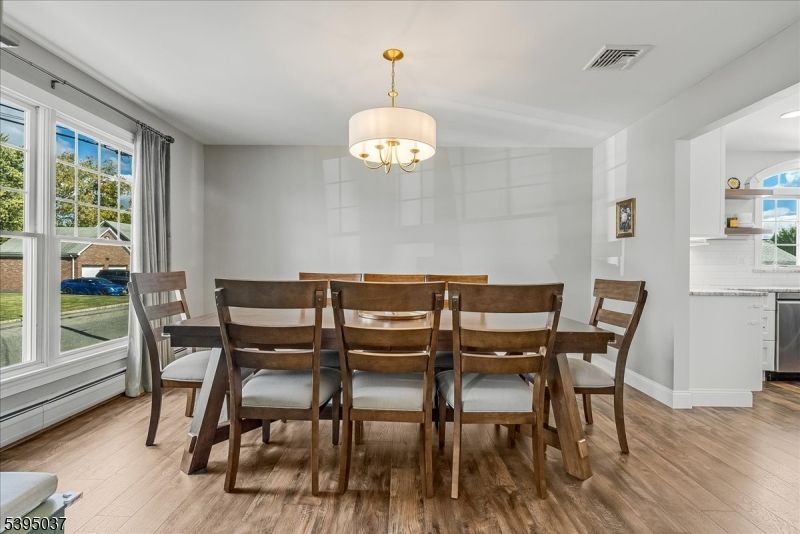 Chandelier, Dining room, Interior, Recessed Lighting, Wood Texture Flooring