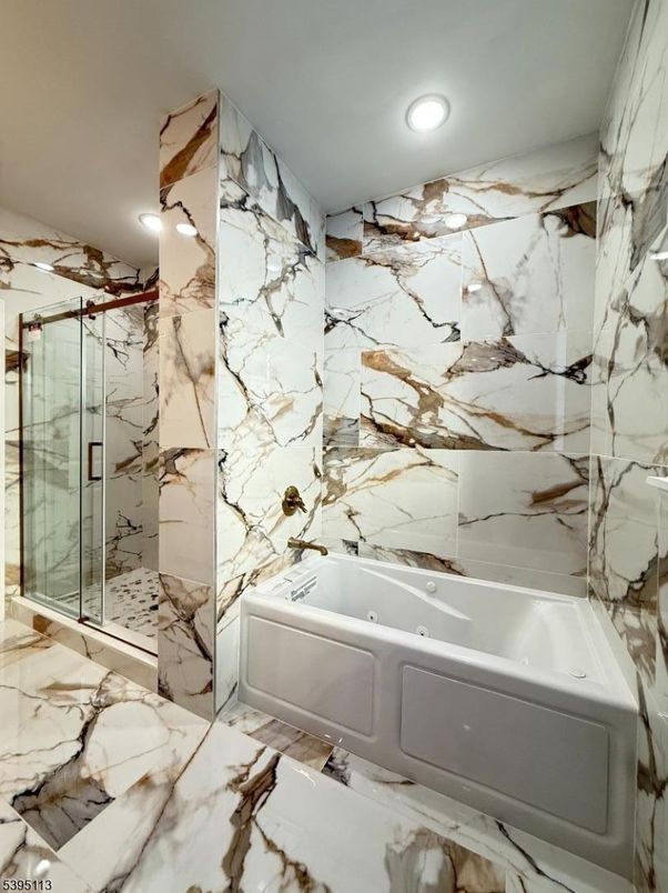 Bathroom, Glass Shower, Interior, Marble, Marble Walls, Recessed Lighting