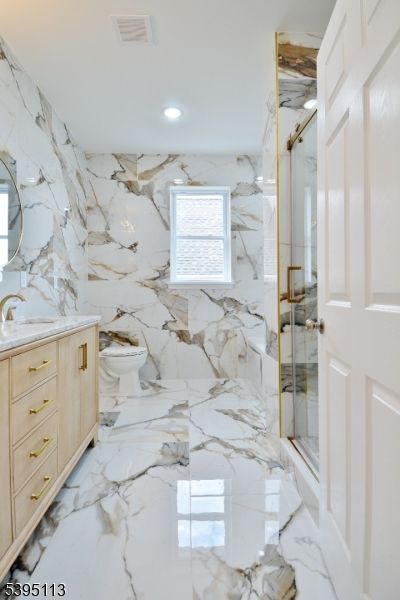 Bathroom, Glass Shower, Interior, Marble, Marble Walls, Recessed Lighting