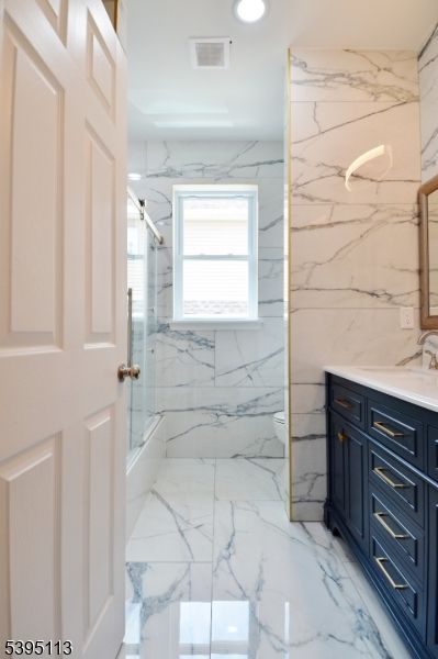Bathroom, Glass Shower, Interior, Marble, Marble Walls, Recessed Lighting