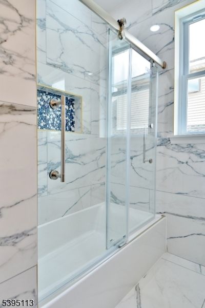Bathroom, Glass Shower, Interior, Marble, Marble Walls, Recessed Lighting