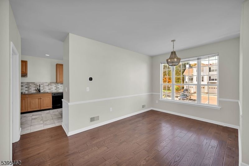 Empty room, Interior, Kitchen, Pendant Lights, Recessed Lighting, Wood Texture Flooring