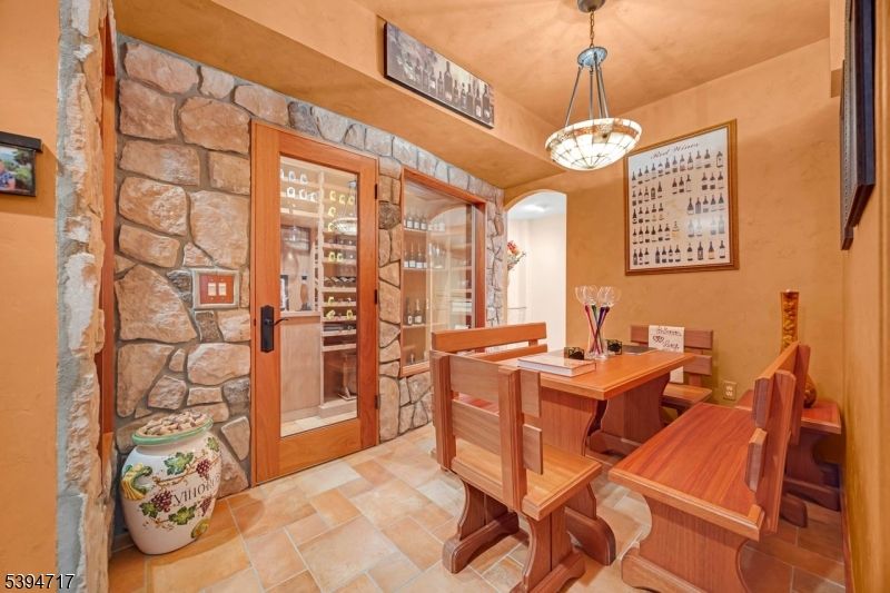 Dining room, Interior, Pendant Lights, Stone Walls