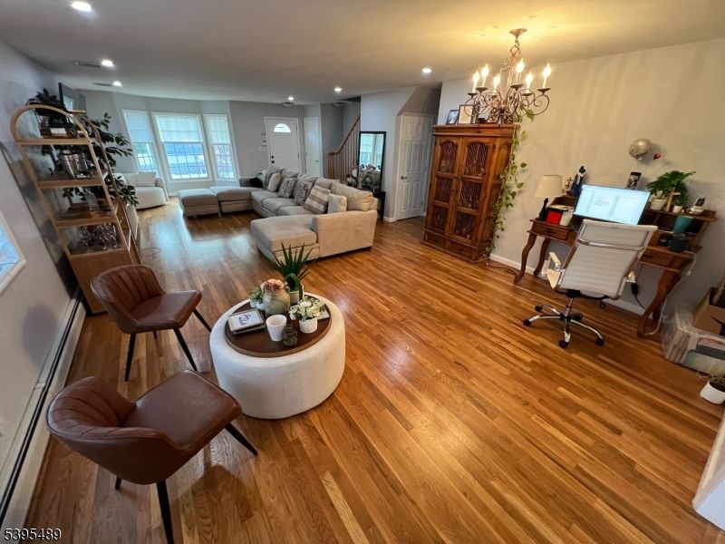 Chandelier, Interior, Living room, Recessed Lighting, Wood Texture Flooring