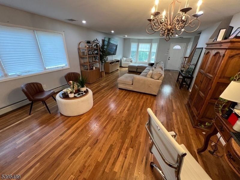 Chandelier, Interior, Living room, Recessed Lighting, Wood Texture Flooring