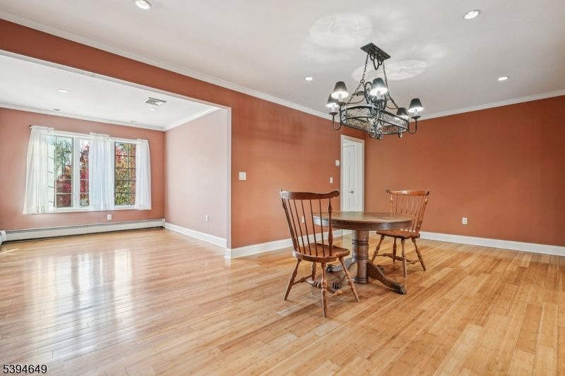 Chandelier, Dining room, Interior, Recessed Lighting, Wood Texture Flooring