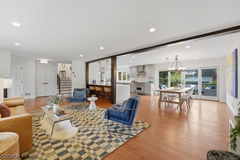 Dining room, Interior, Kitchen, Living room, Pendant Lights, Recessed Lighting, Stainless Steel Appliances, Wood Texture Flooring