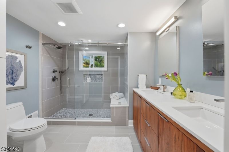 Bathroom, Dual Sink Vanities, Glass Shower, Interior, Recessed Lighting