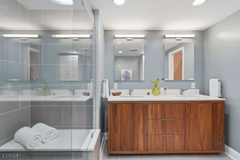Bathroom, Dual Sink Vanities, Glass Shower, Interior, Recessed Lighting