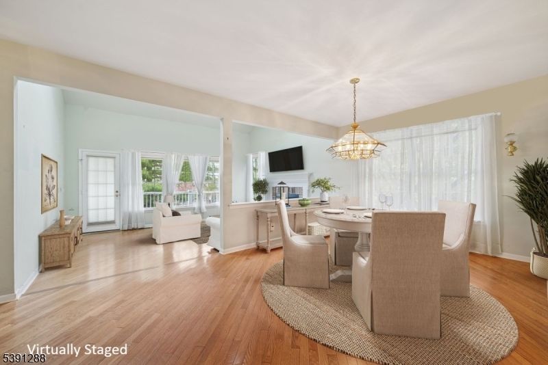 Dining room, Fireplace, Interior, Living room, Pendant Lights, Wood Texture Flooring