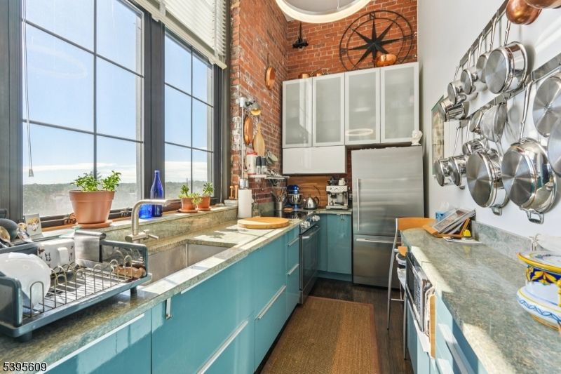 Interior, Kitchen, Stainless Steel Appliances, Stone Walls, Wood Texture Flooring