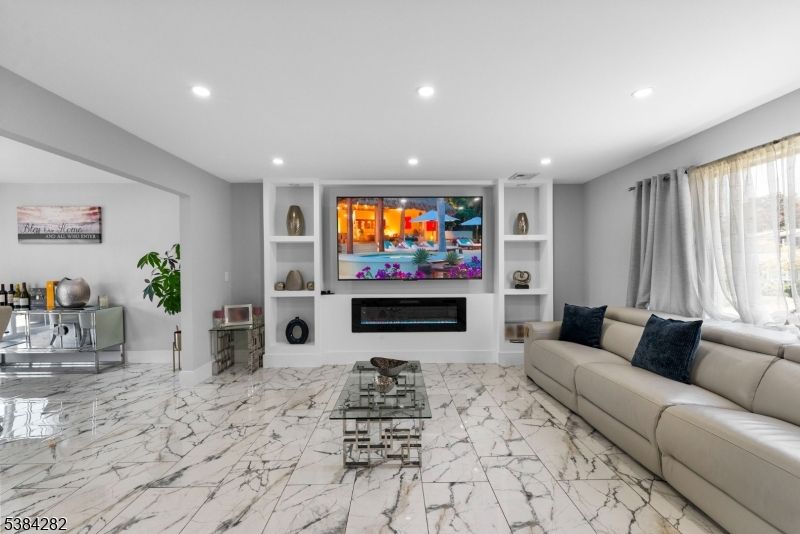 Fireplace, Interior, Living room, Marble, Recessed Lighting