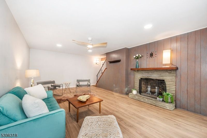 Fireplace, Interior, Living room, Recessed Lighting, Wood Texture Flooring, Wooden Walls