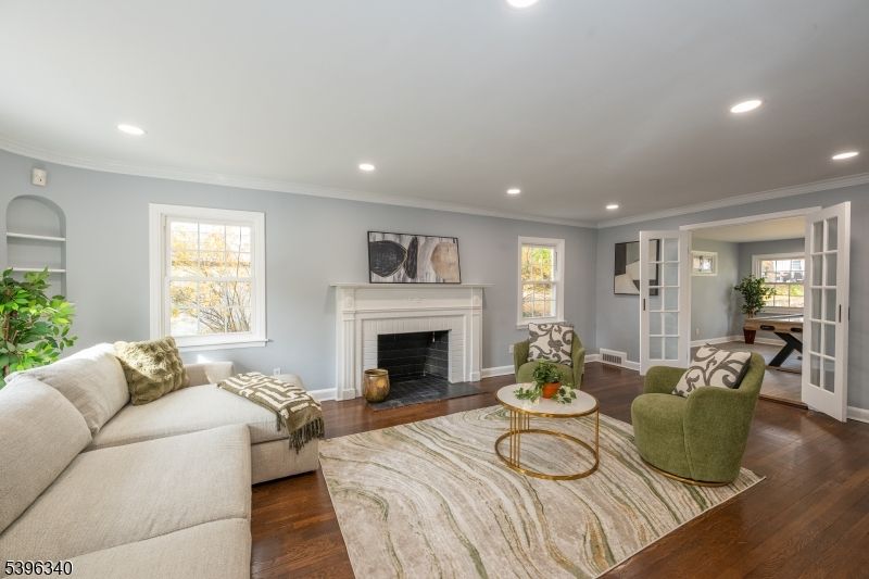 Fireplace, Interior, Living room, Recessed Lighting, Wood Texture Flooring