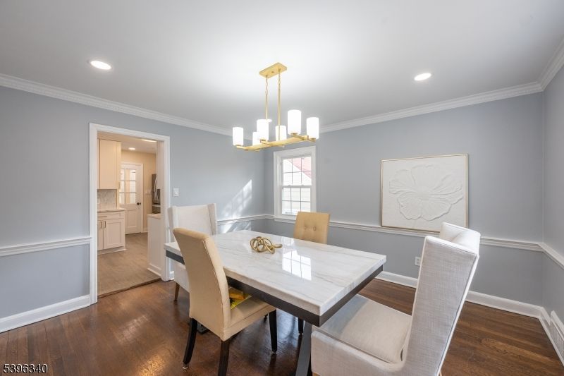 Dining room, Interior, Pendant Lights, Recessed Lighting, Wood Texture Flooring